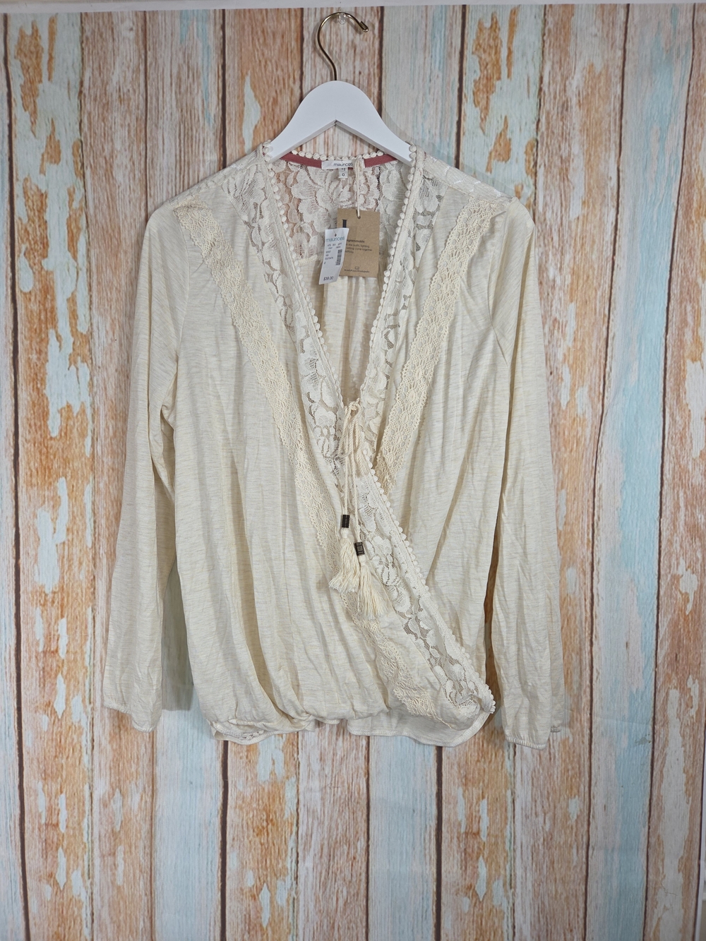 Maurices Boho Peasant Cream Lace-Trim Wrap Blouse. Size 0x Plus Size